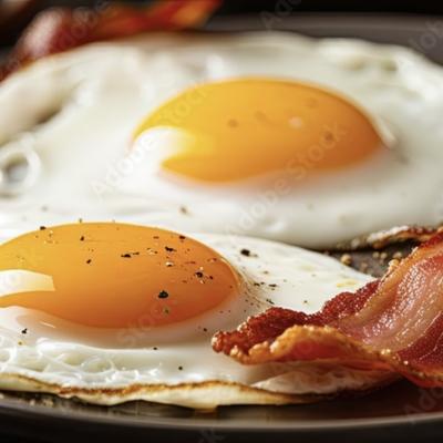 A close-up of two sunny-side-up eggs with crispy bacon.