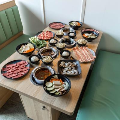 Seating booth table spread.