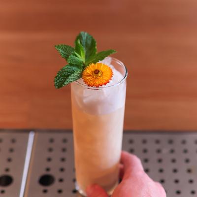 A hand holds a pale orange cocktail, garnished with mint leaves, and an orange flower.