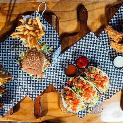 Multiple food plates, top view.