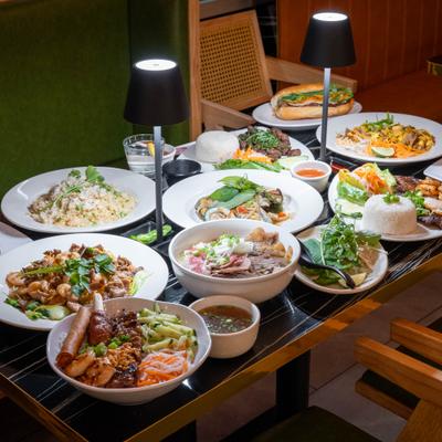 Assoretiment of menu items served on the table.