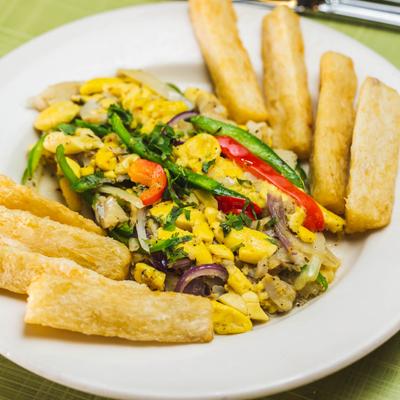 Ackee and Saltfish with fish sticks on the side