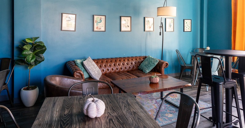 Interior, dining tables, leather bench seats and chairs