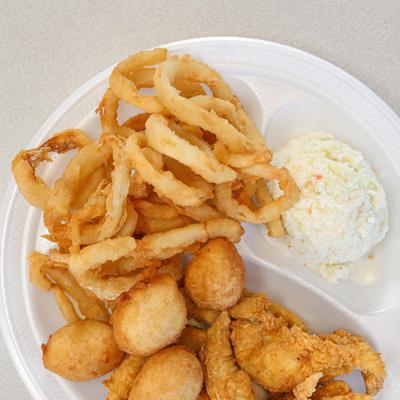 Onion rings, hush puppies