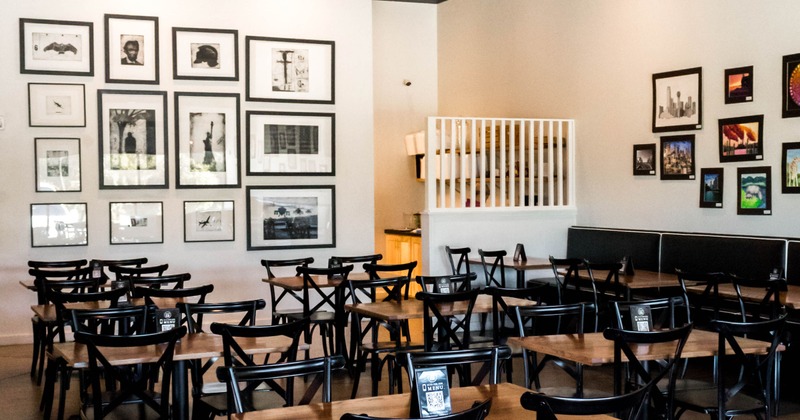 Interior, seating area, various framed pictures on the wall