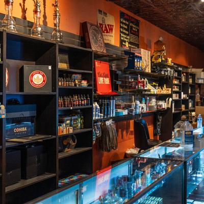 Shelves with various products.