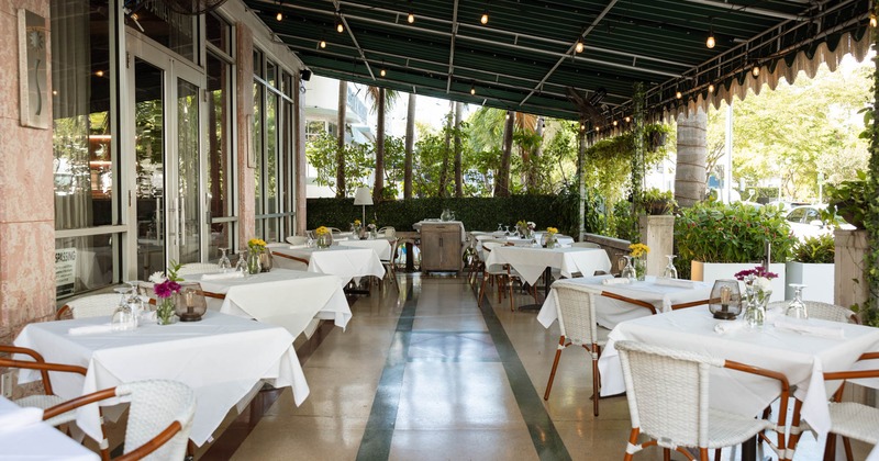 Exterior, covered patio with tables and chairs