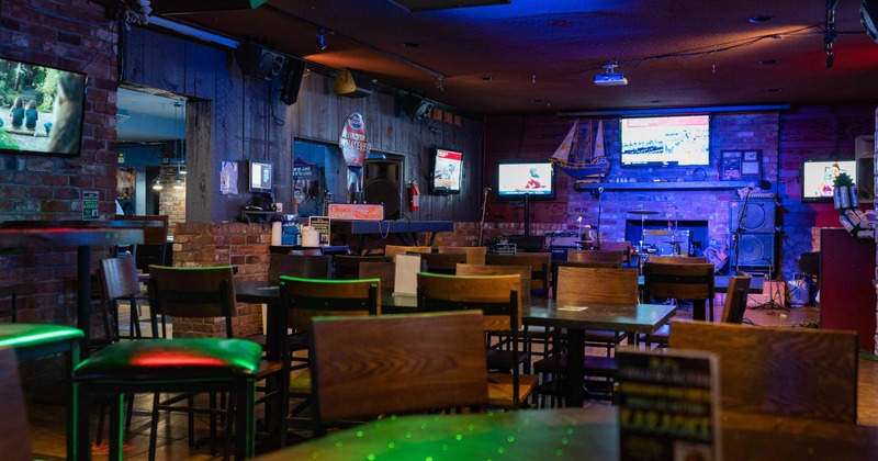 Interior, seating area with a music stage in the back