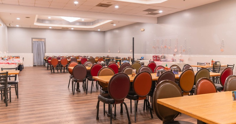 Banquet room, long tables and chairs