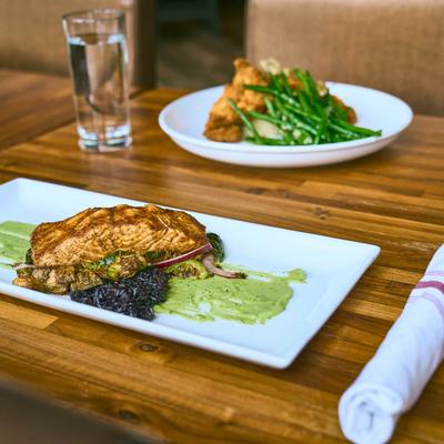 Grilled salmon and fried chicken.