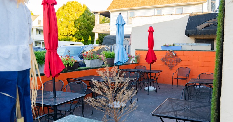Exterior seating area, colorful sun umbrellas