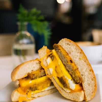 The Main Street Toasted Sandwich with two eggs , sausage, and cheddar.