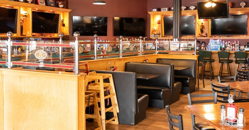 Interior, tables, chairs, booths, lights, counter