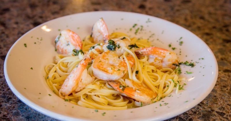 Pasta, boiled eggs and shrimps