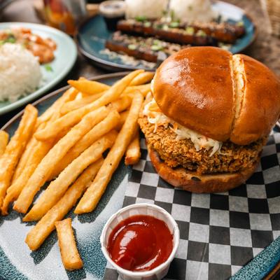 Beef Katsu Sando with fries and ketchup.