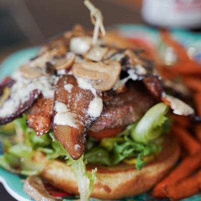 Mushroom Swiss Burger, close-up.