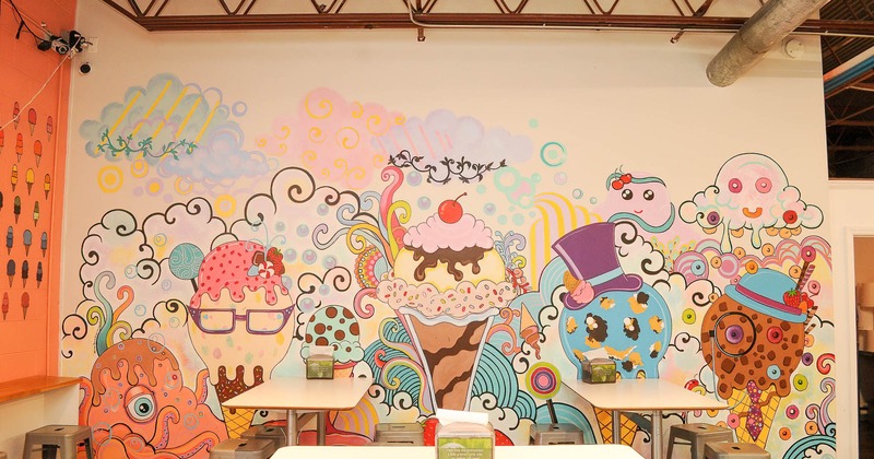 Interior, a wall with painted cartooned ice cream motifs