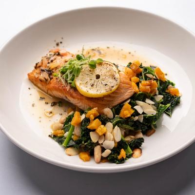Pan Seared Salmon, with sauteed kale, roasted butternut squash, beans, and almonds.