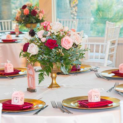 Table with floral decorations.