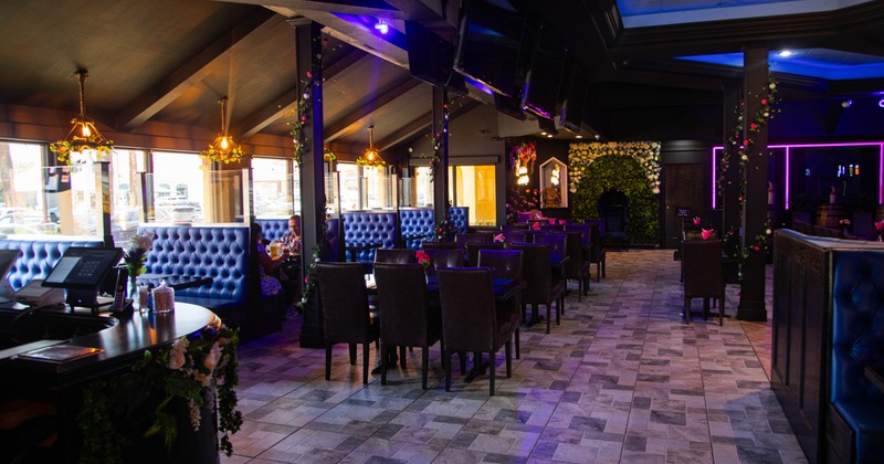Interior, tables, chairs and seating booths
