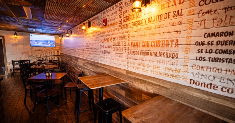 Interior, seating area, tables and chairs, TV screen on the wall