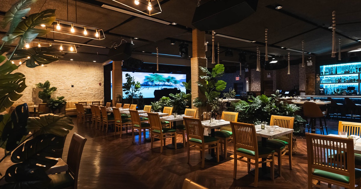 Interior, lined up tables for two