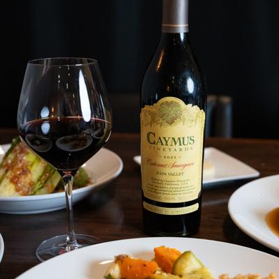 Assorted dishes and wine.