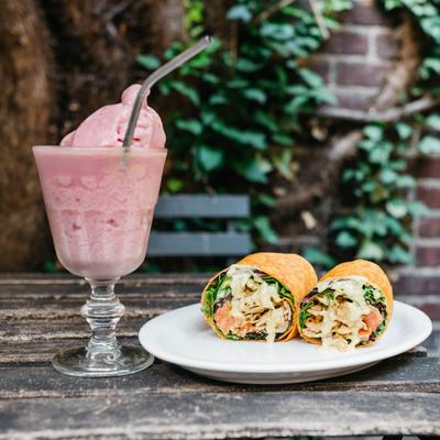 Vegan Philly Cheesesteak wraps and Peanut Butter and Jelly Smoothie.