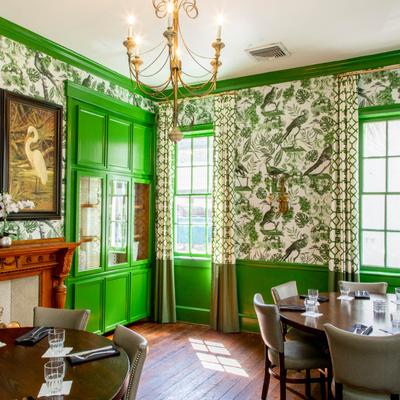 Restaurant dining room with set tables