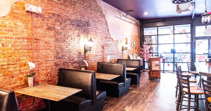 Interior, seating area, leather seats and tables