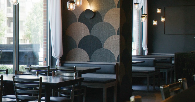 Tall tables and chairs lined up