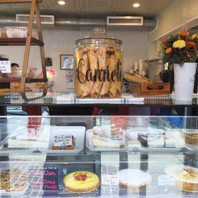 Interior, display case with bakers' confectionery.