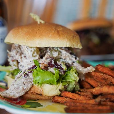 Chopped Chicken Salad Sandwich and sweet potato fries.