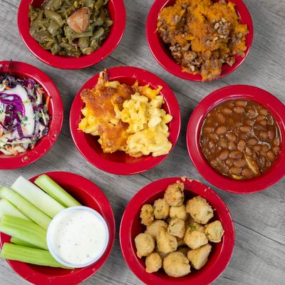 A top view of various appetizers.