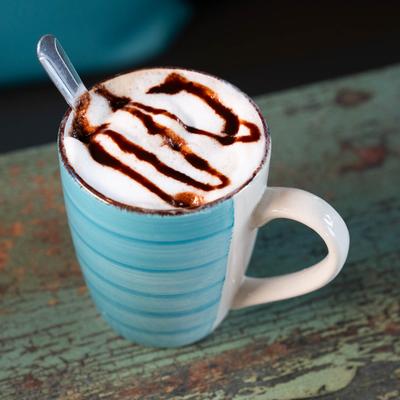 Mocha Latte in a light blue mug.