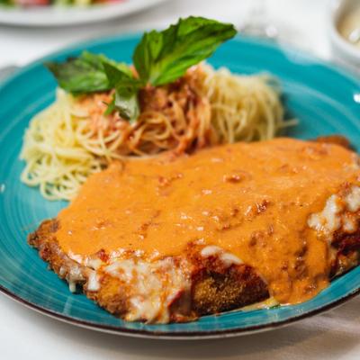 Chicken Vodka Parmigiana, closeup