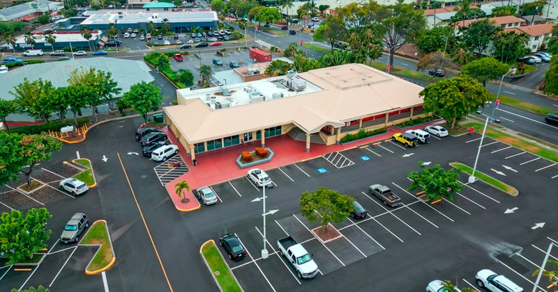 Aerial view to restaurant and parking lot