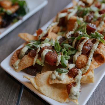 Sticky shrimp and ahi tuna nachos.