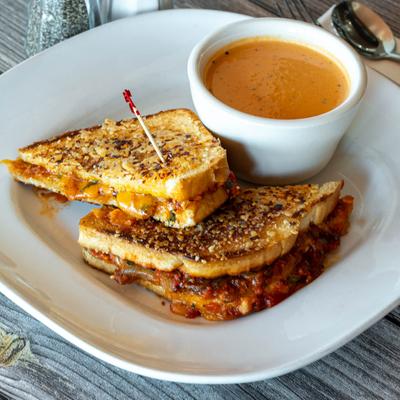 Pizza grilled cheese and tomato soup.