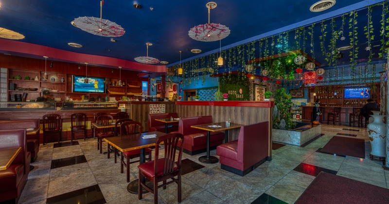 Interior, tables chairs, booths, angle view