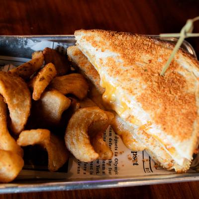 Grilled cheese sandwich served with fries.