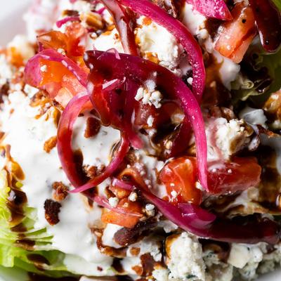 Close up of wedge salad.