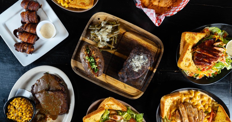 Overhead view of assorted dishes