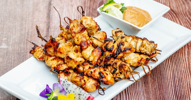 Chicken Satay Skewers served with peanut sauce