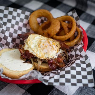 Late Start Sandwich with onion rings.