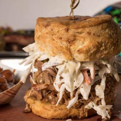 BBQ pulled pork sandwich, served.