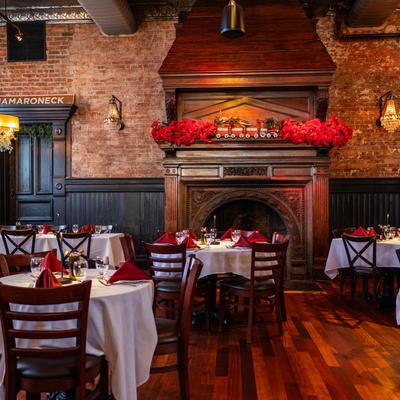 Interior, set tables, mantelpiece.