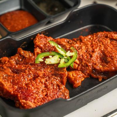 Spicy BBQ Steak, with jalapenos.