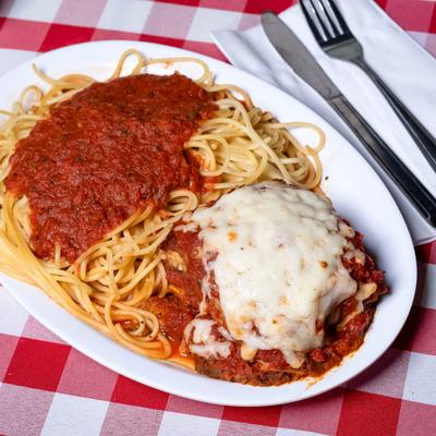 Eggplant Parmesan, with spaghetti.