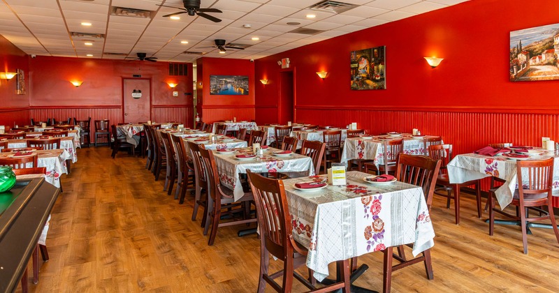 Dining space, tables ready for guests